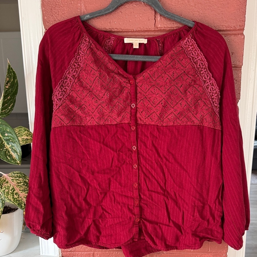 Skies Are Blue Burgundy Lace Blouse Medium